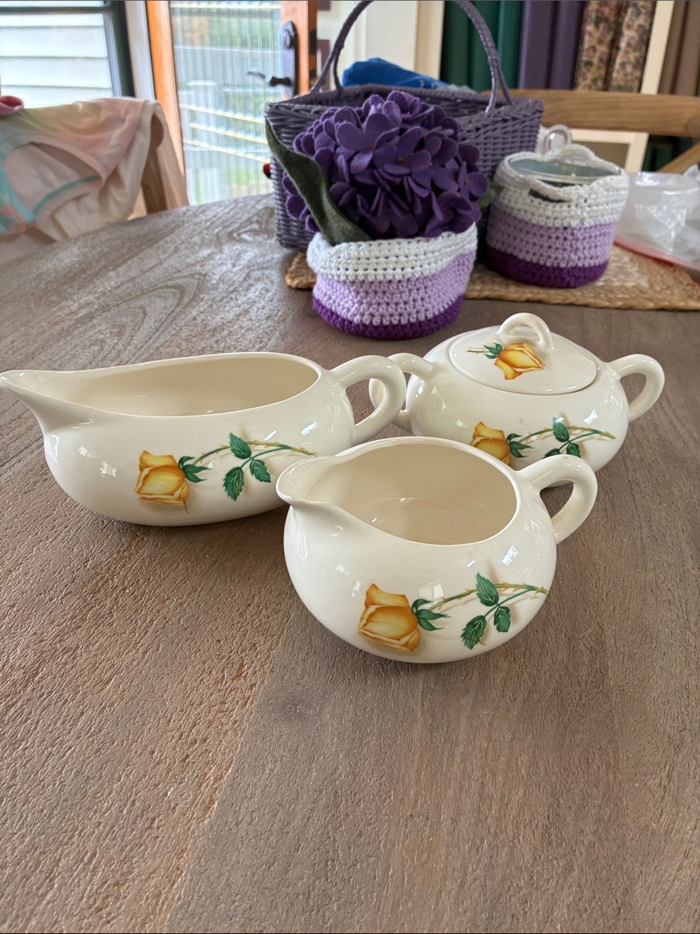 Cream Ceramic Creamer, Sugar Bowl & Gravy Boat with Yellow Rose Motif